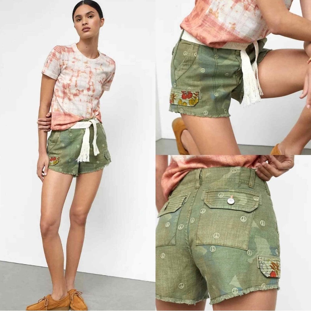 NWT Pilcro (Anthro) Peace Embroidered Utility Green Camo Shorts, Sz 30 MSRP $98